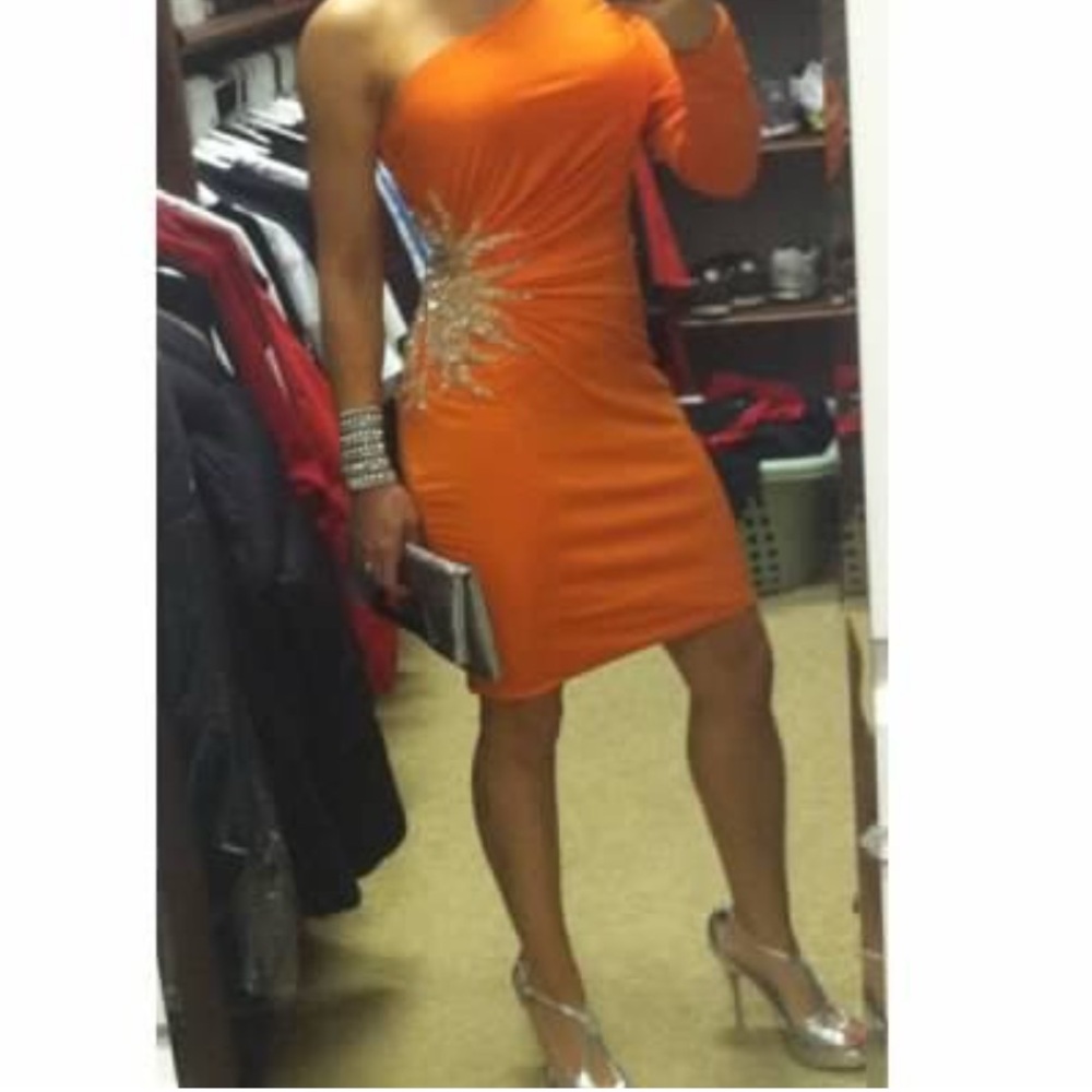 Jovani Orange Asymmetrical Ruched Cocktail Dress